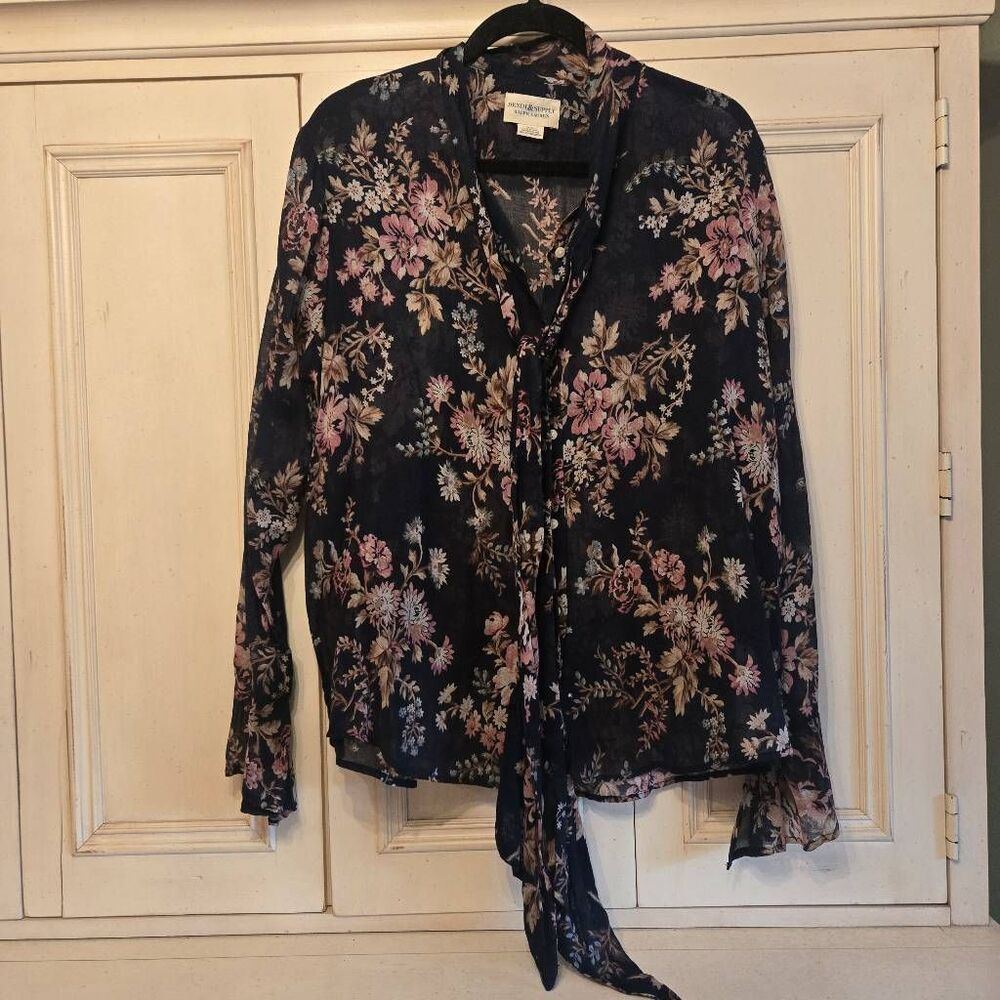 Ralph Lauren Denim & Supply Black Floral Long Sleeve Blouse Roll Tie Neck XL